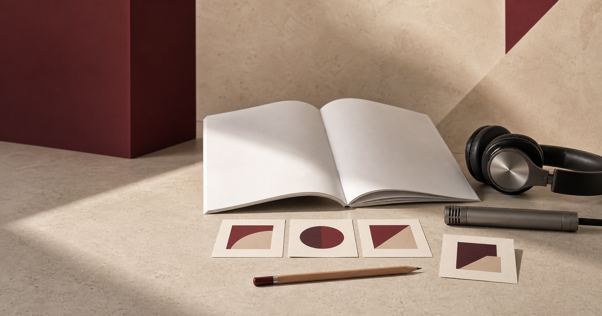 Open Czech exam booklet with headphones, microphone and four burgundy task cards in a geometric studio.